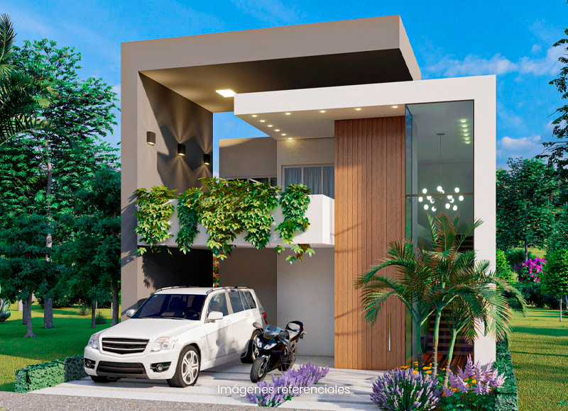 Casa contemporánea de techos altos, balcón, ventanales amplios y cochera con espacio para moto o bicicleta.