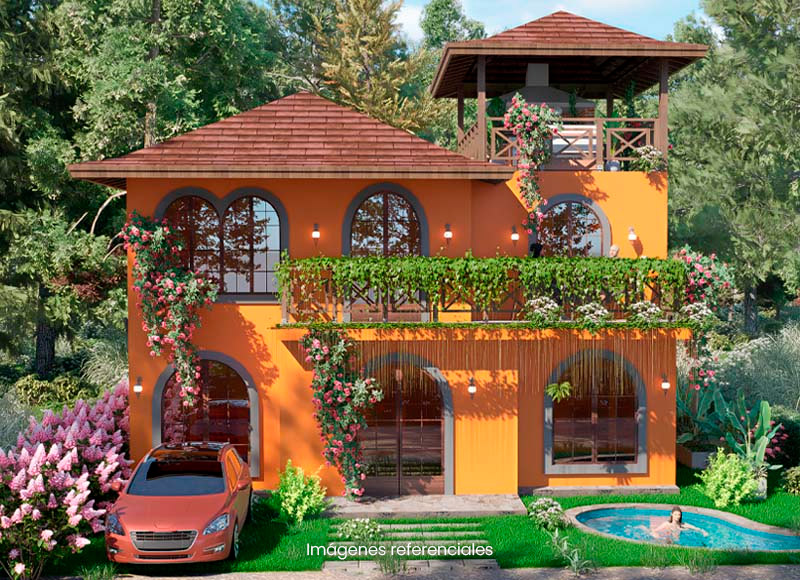 Modelo Kantu - Diseño cálido con materiales naturales y vegetación viva que invita al descanso natural.