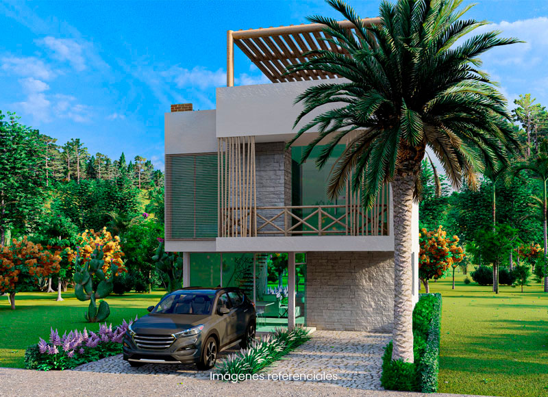 Casa mediterránea con luz natural, terraza, madera cálida y cochera en condominio de estilo europeo.