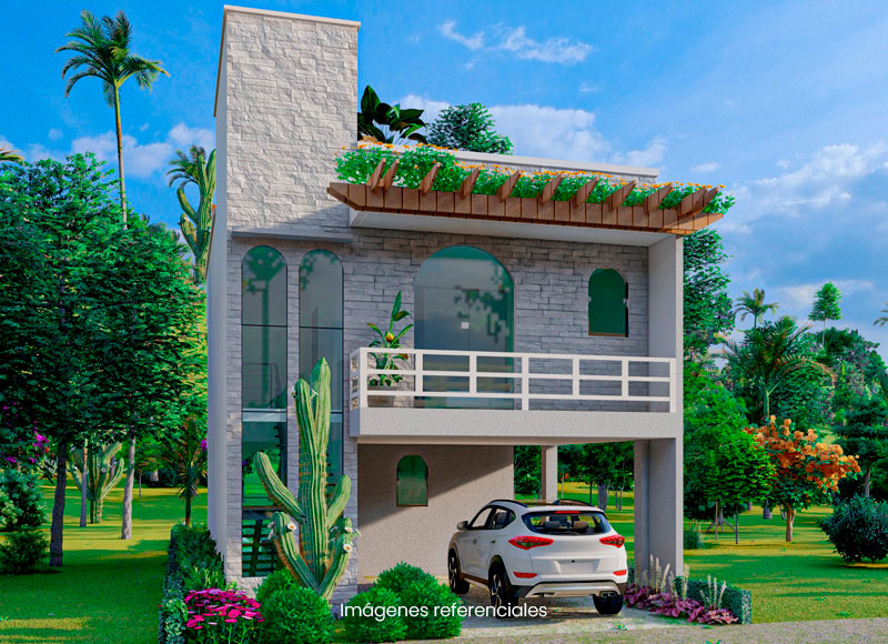 Casa mediterránea con cochera, mampara, balcón con pérgola y amplios ventanales con vista de estilo europeo.