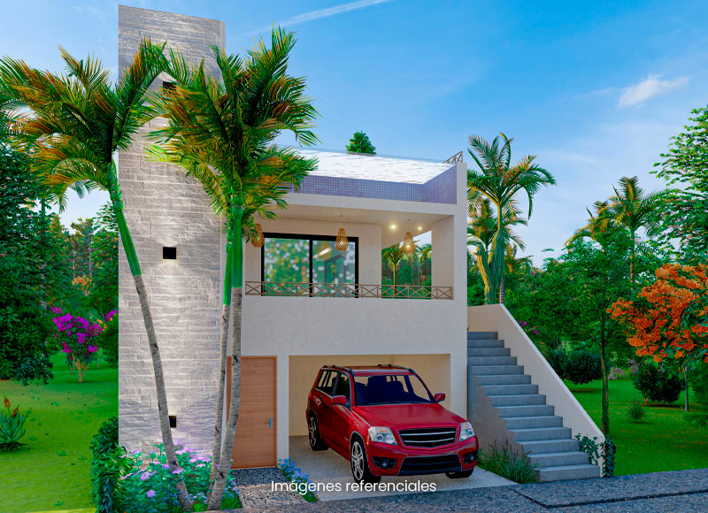 Casa mediterránea con piscina, escaleras y mampara con balcón techado en condominio de estilo europeo.